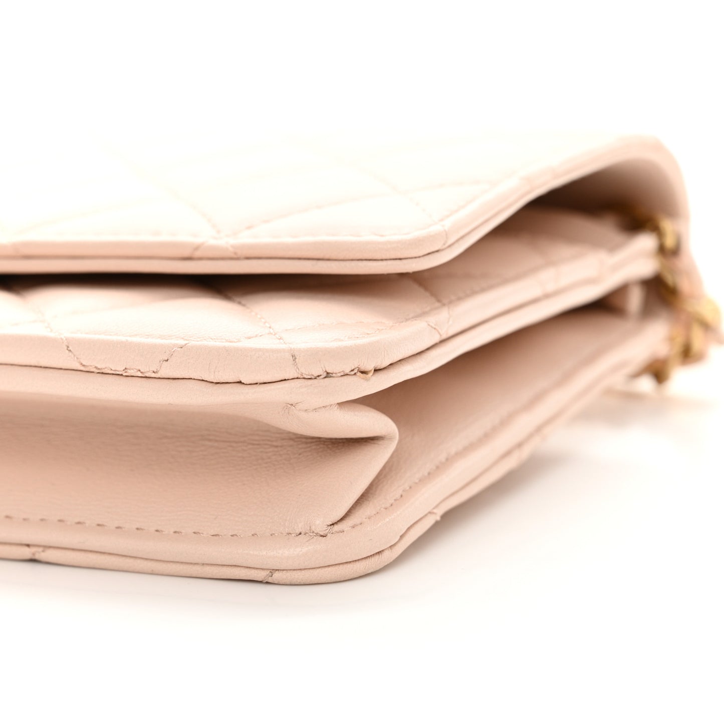 Lambskin Quilted CC Pearl Crush Wallet on Chain WOC Beige