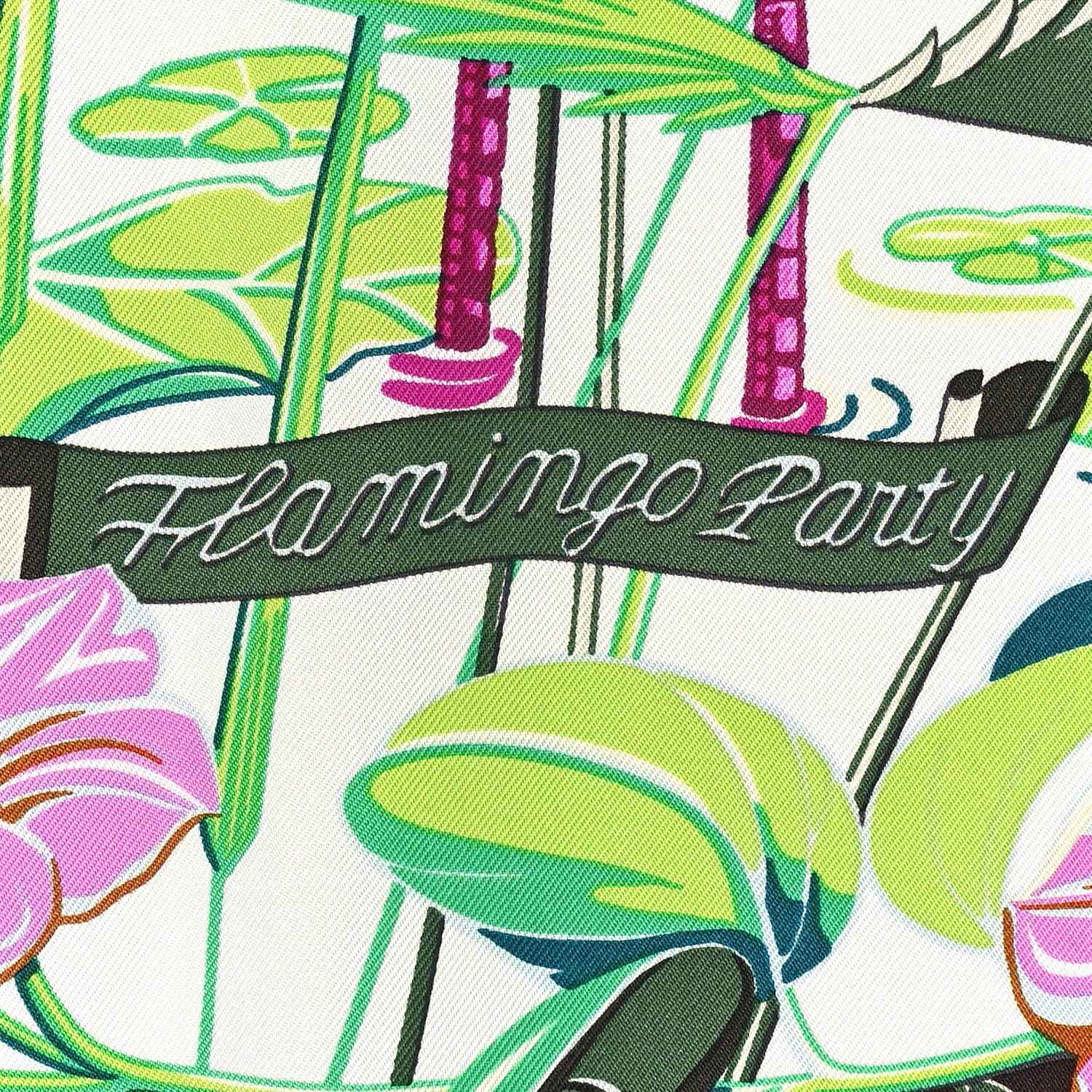 Hermes Silk Flamingo Party Shawl 90 White Vert Fuchsia 5 of 5