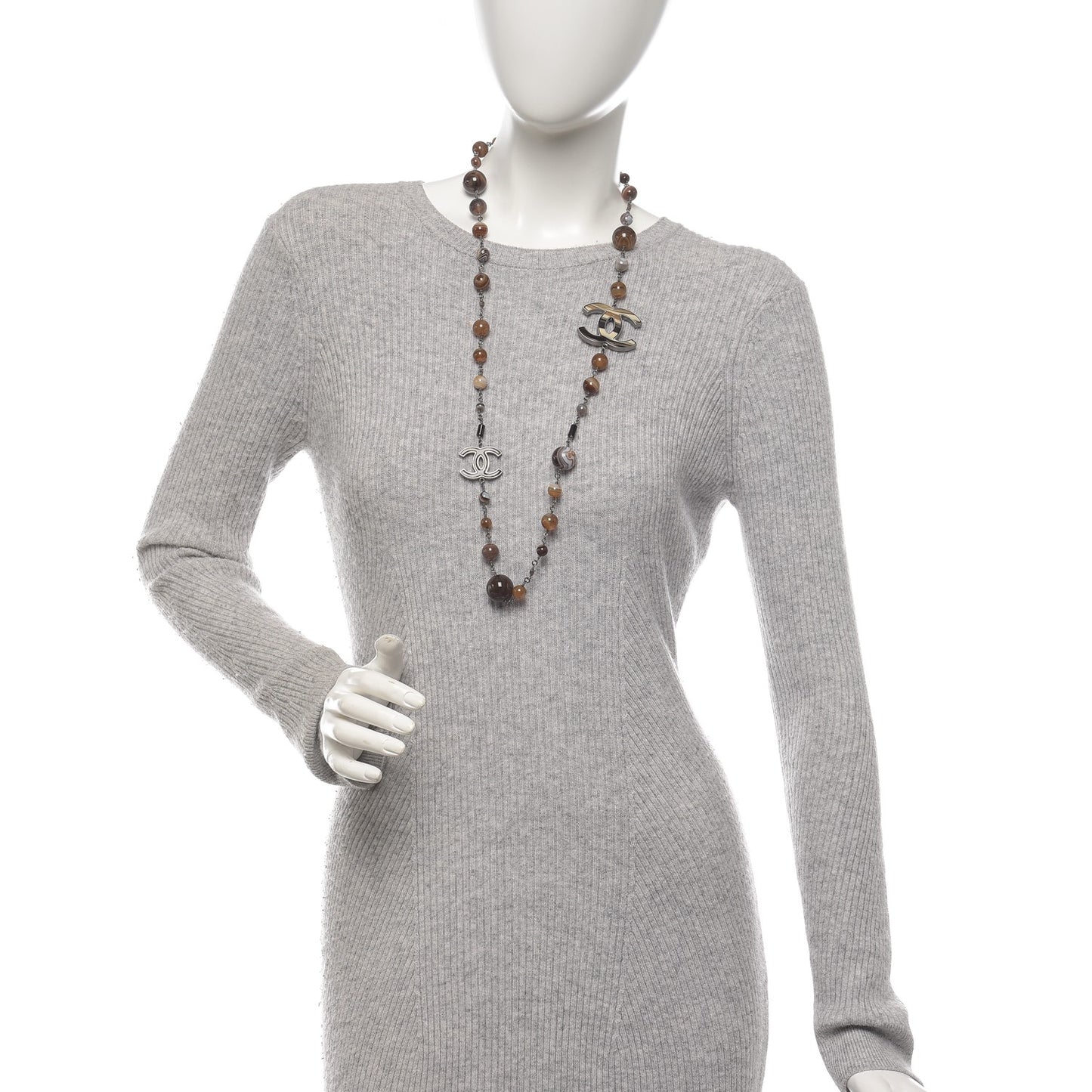 Bead Enamel CC Long Necklace Brown Silver