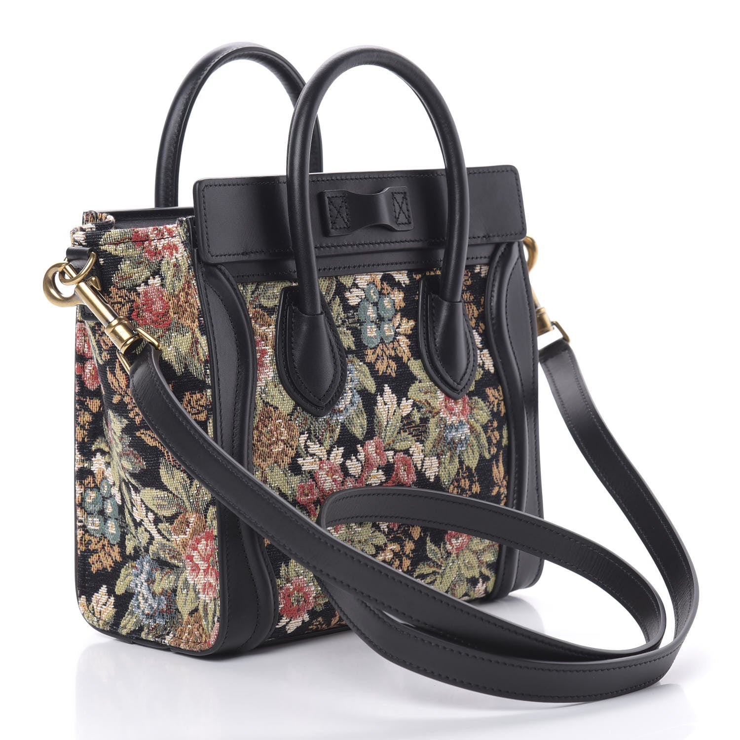 Celine Calfskin Lambskin Canvas Jacquard Floral Nano Luggage Black 3 of 12