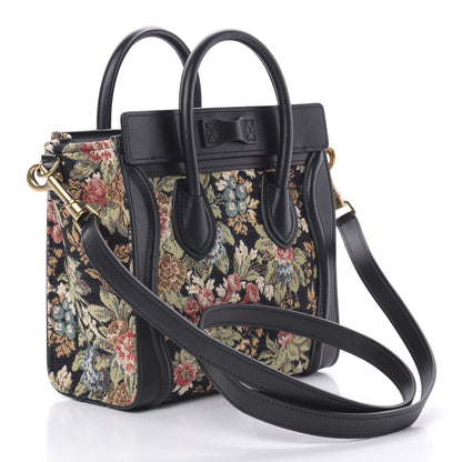 Celine Calfskin Lambskin Canvas Jacquard Floral Nano Luggage Black 3 of 12