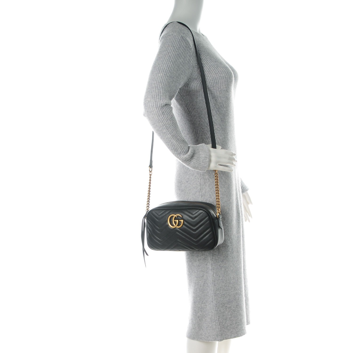 Gucci Calfskin Matelasse Small GG Marmont Chain Shoulder Bag Black 2 of 7