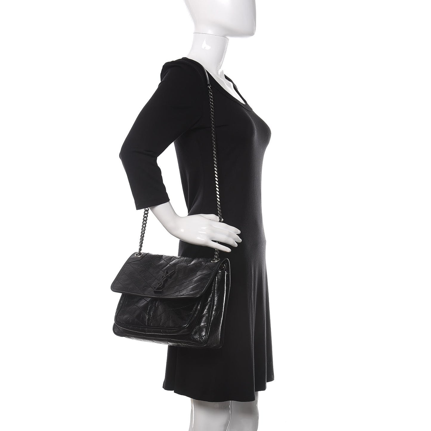 Crinkled Calfskin Matelasse Monogram Medium Niki Chain Satchel Black