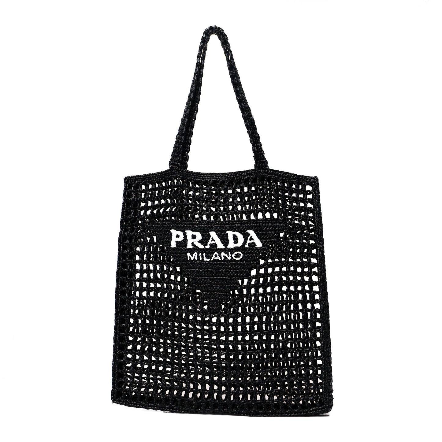Yarn Raffia Effect Crochet Logo Embroidered Tote Bag Black