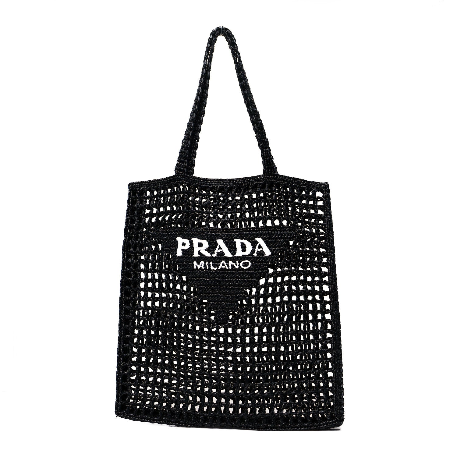 Prada Yarn Raffia Effect Crochet Logo Embroidered Tote Bag Black 1 of 9
