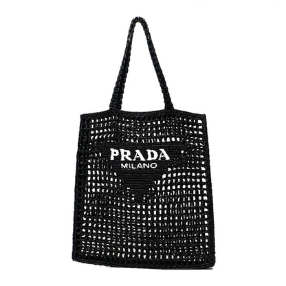 Prada Yarn Raffia Effect Crochet Logo Embroidered Tote Bag Black 1 of 9
