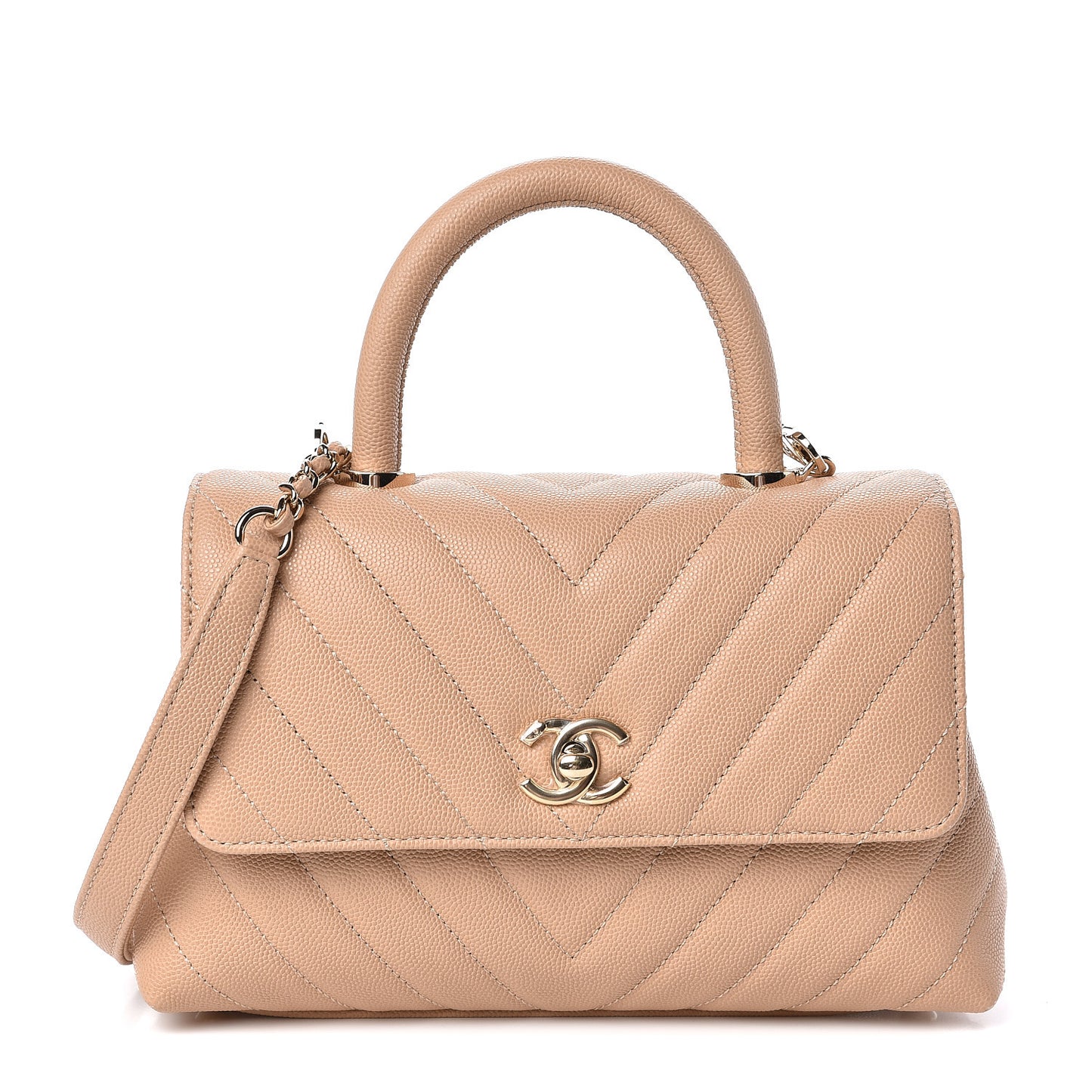 Caviar Chevron Quilted Mini Coco Handle Flap Beige