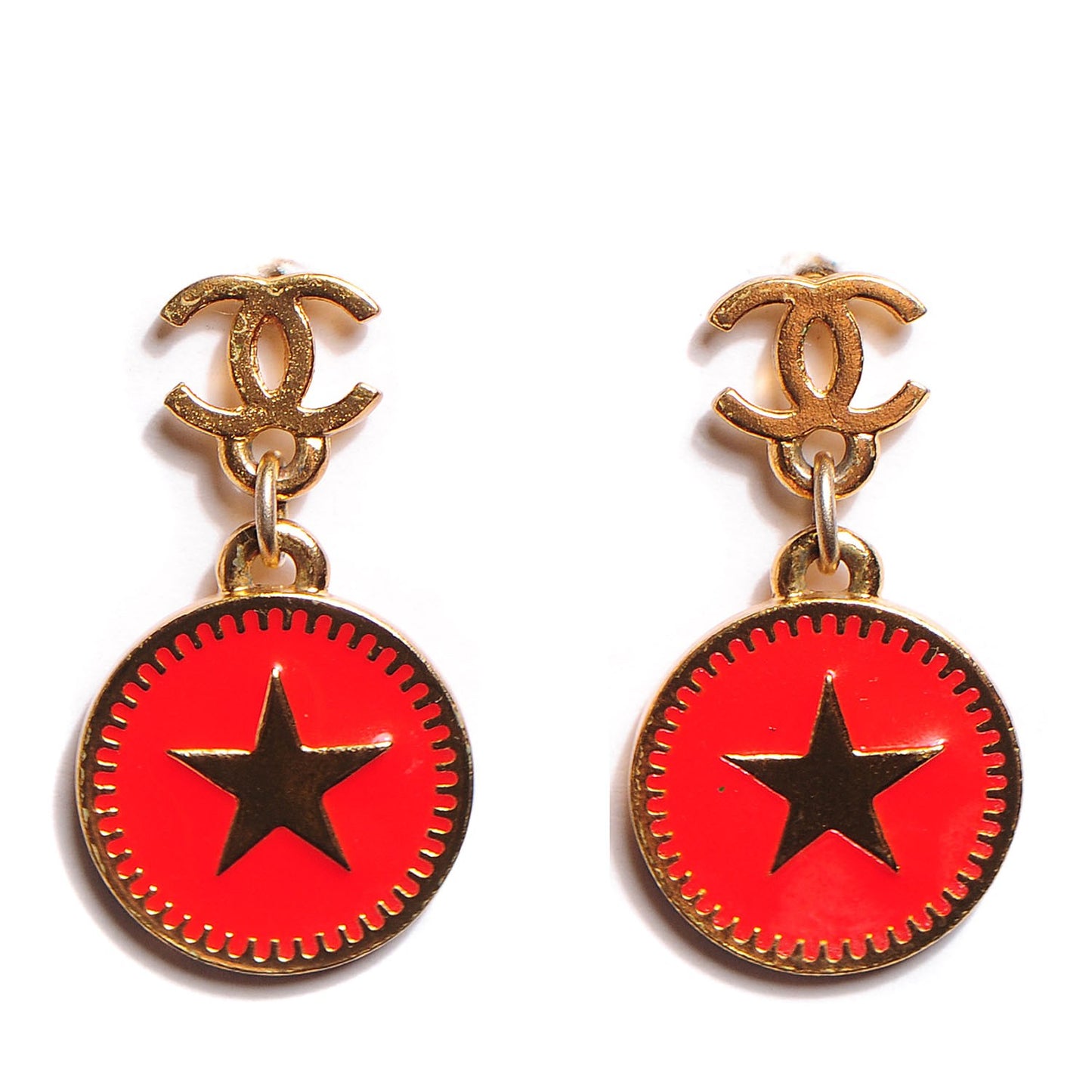 Enamel CC Star Drop Earrings Gold Red