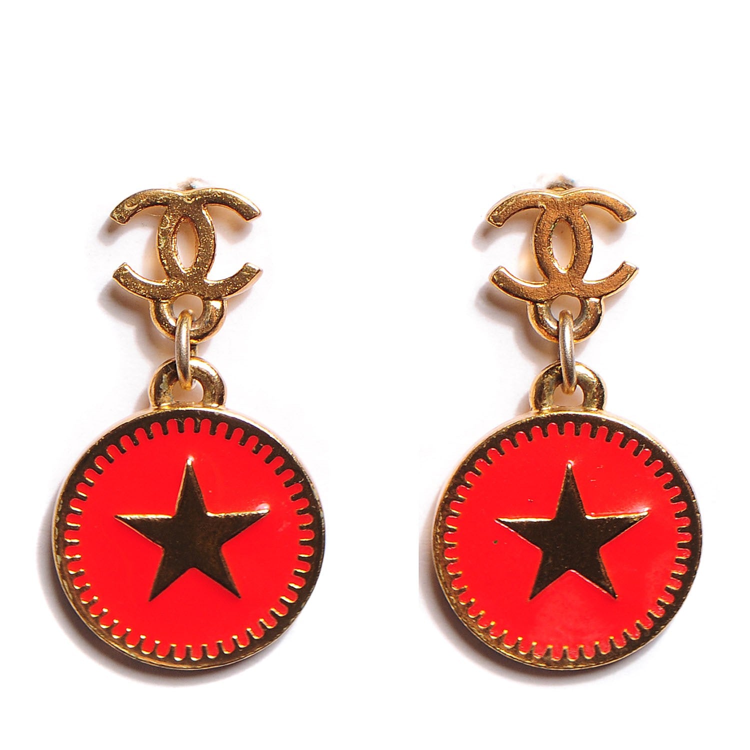 Chanel Enamel CC Star Drop Earrings Gold Red 1 of 3
