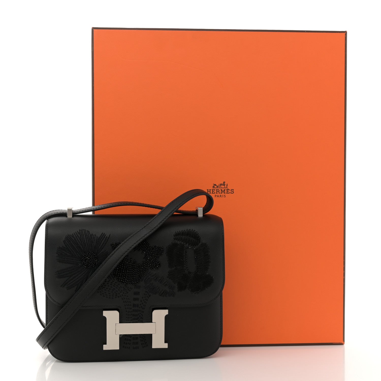 Hermes Swift Dancing Flowers Embroidered Constance 18 Black