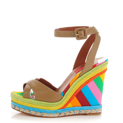 Valentino Garavani Calfskin Canvas Raffia Chevron Print 1973 Espadrille Wedge Sandals 37 Alpaca Multicolor 1 of 7