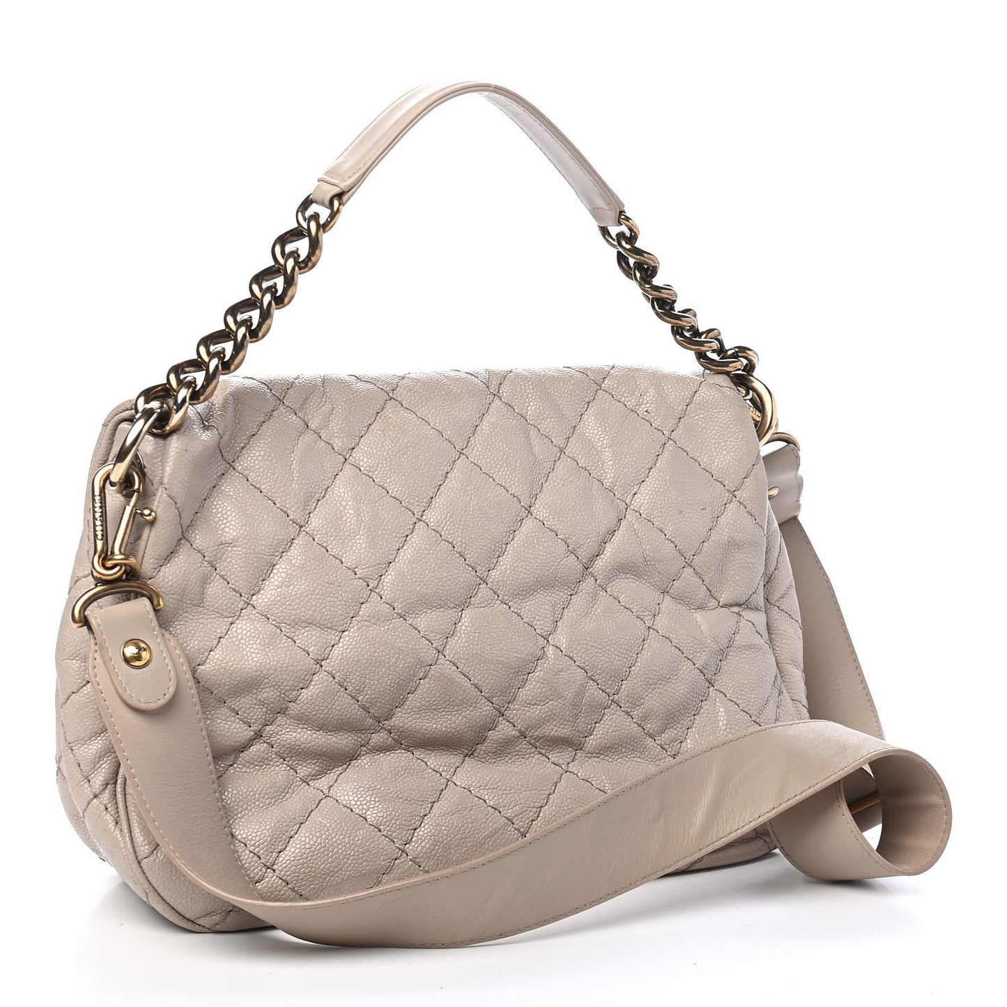 Crumpled Grained Calfskin Medium Coco Pleats Messenger Flap Light Beige
