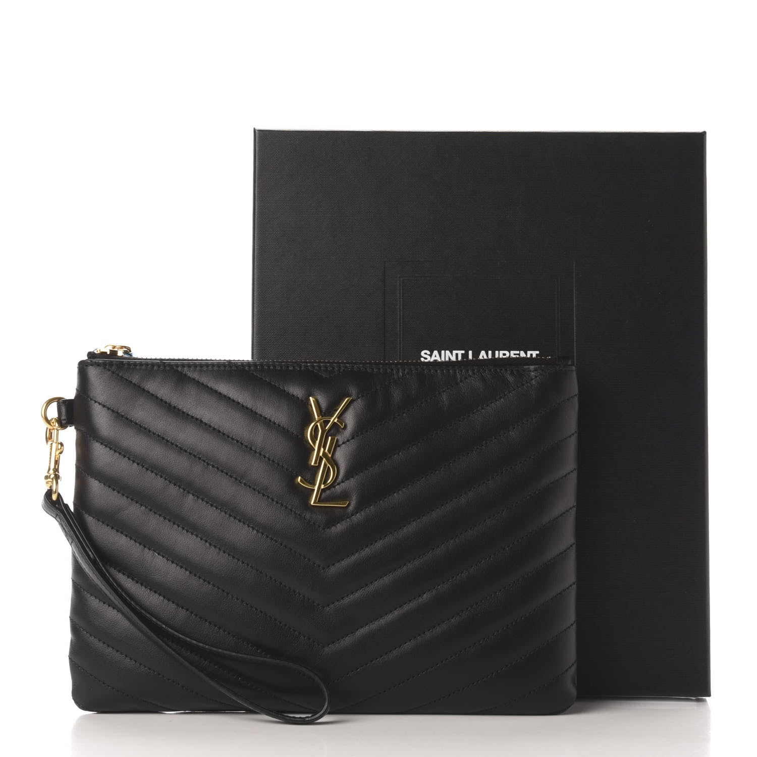 Saint Laurent Calfskin Matelasse Chevron Monogram A5 Wristlet Black 10 of 10