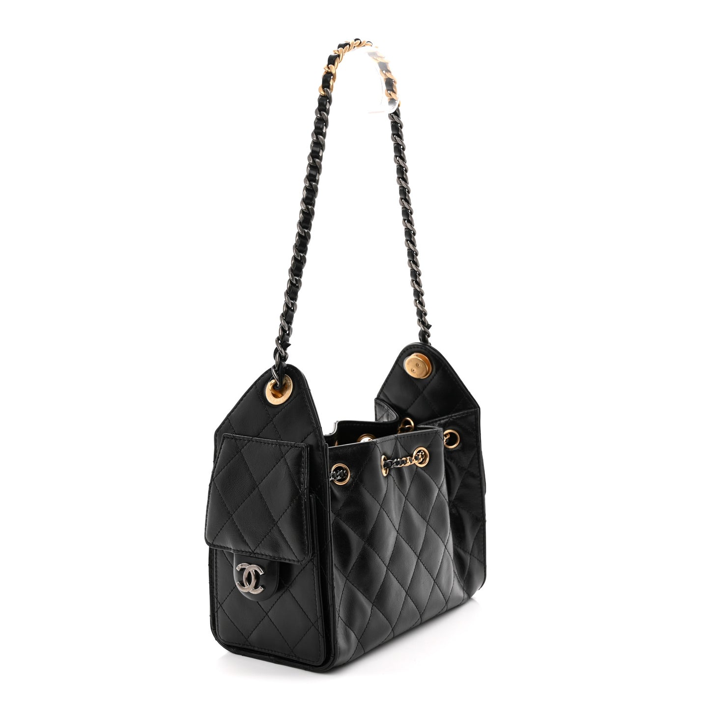 Shiny Crumpled Calfskin Quilted Mini Chanel 25 Handbag Black