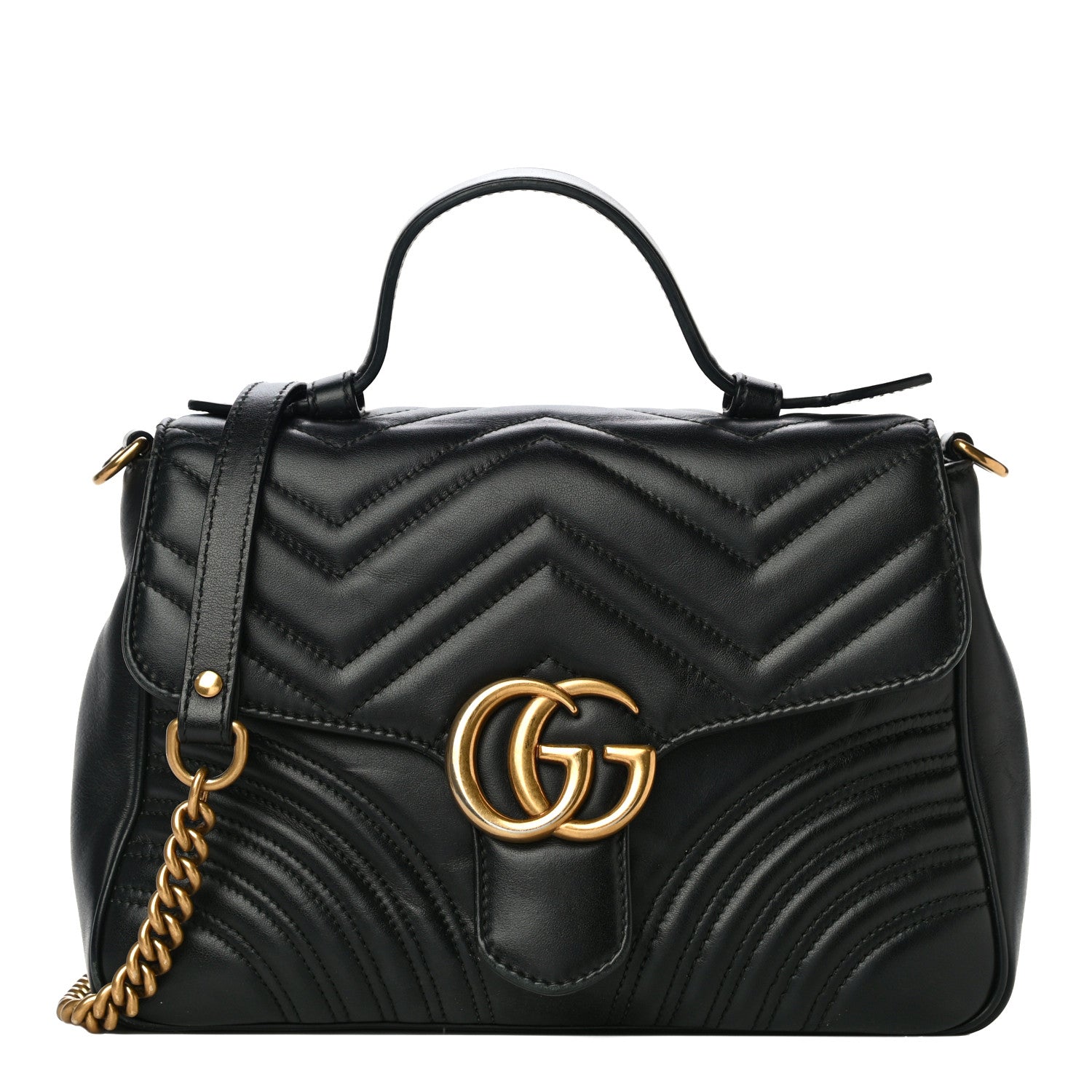 Gucci Calfskin Matelasse Small GG Marmont Top Handle Shoulder Bag Black 1 of 13