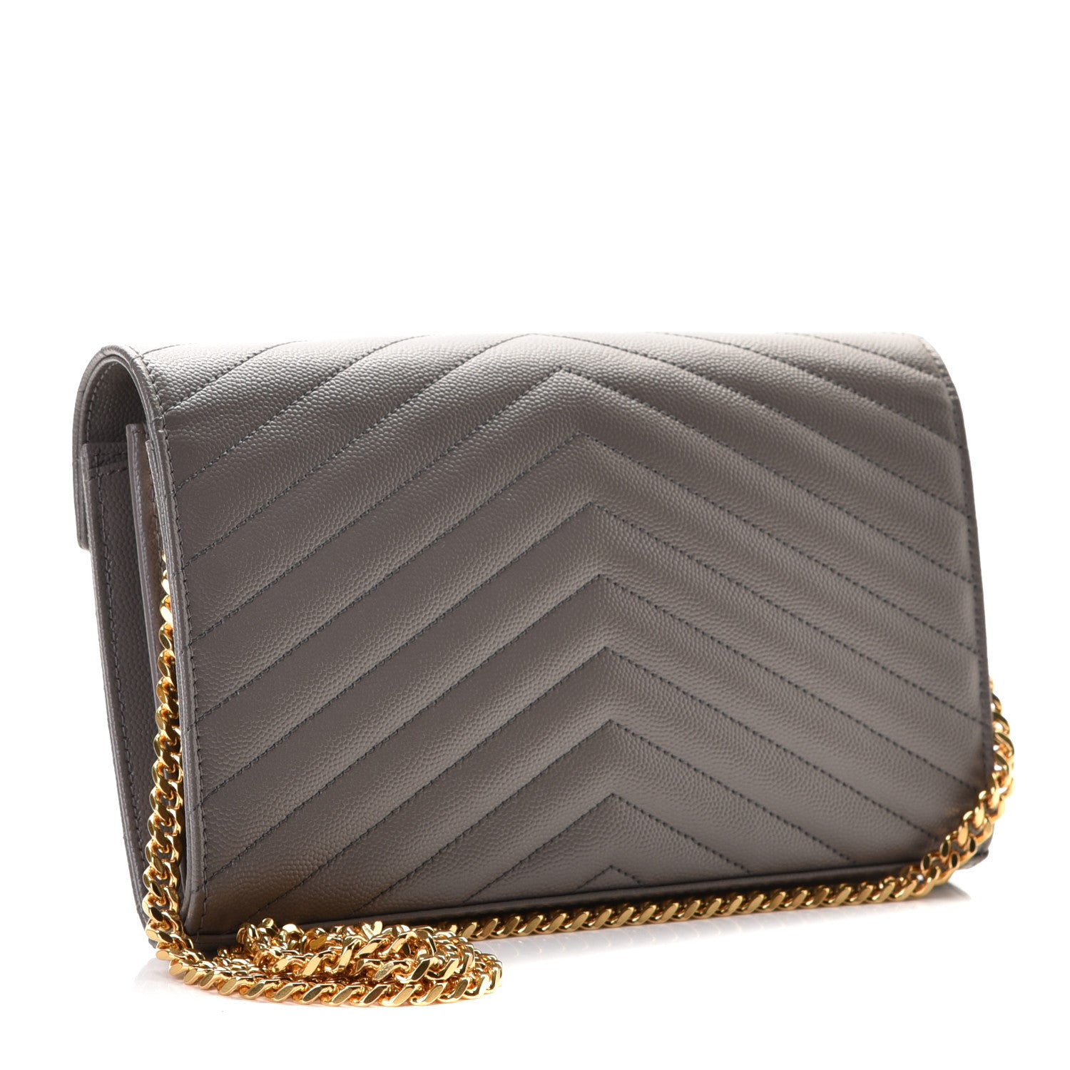 Saint Laurent Grain De Poudre Matelasse Chevron Monogram Chain Wallet Fog 3 of 7