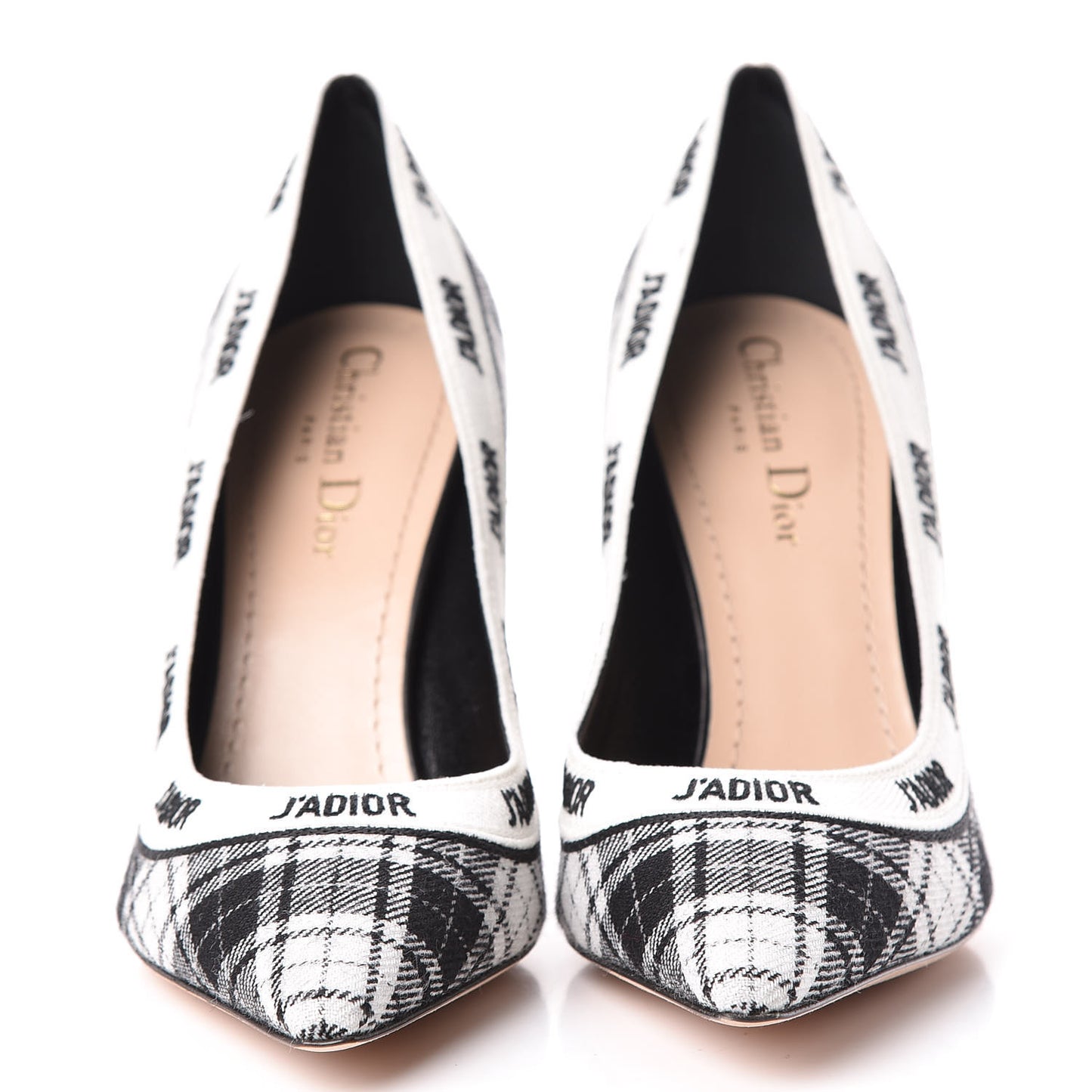 Canvas Ribbon Tartan Print Embroidered J'Adior 100mm Pumps 38 Black Off White