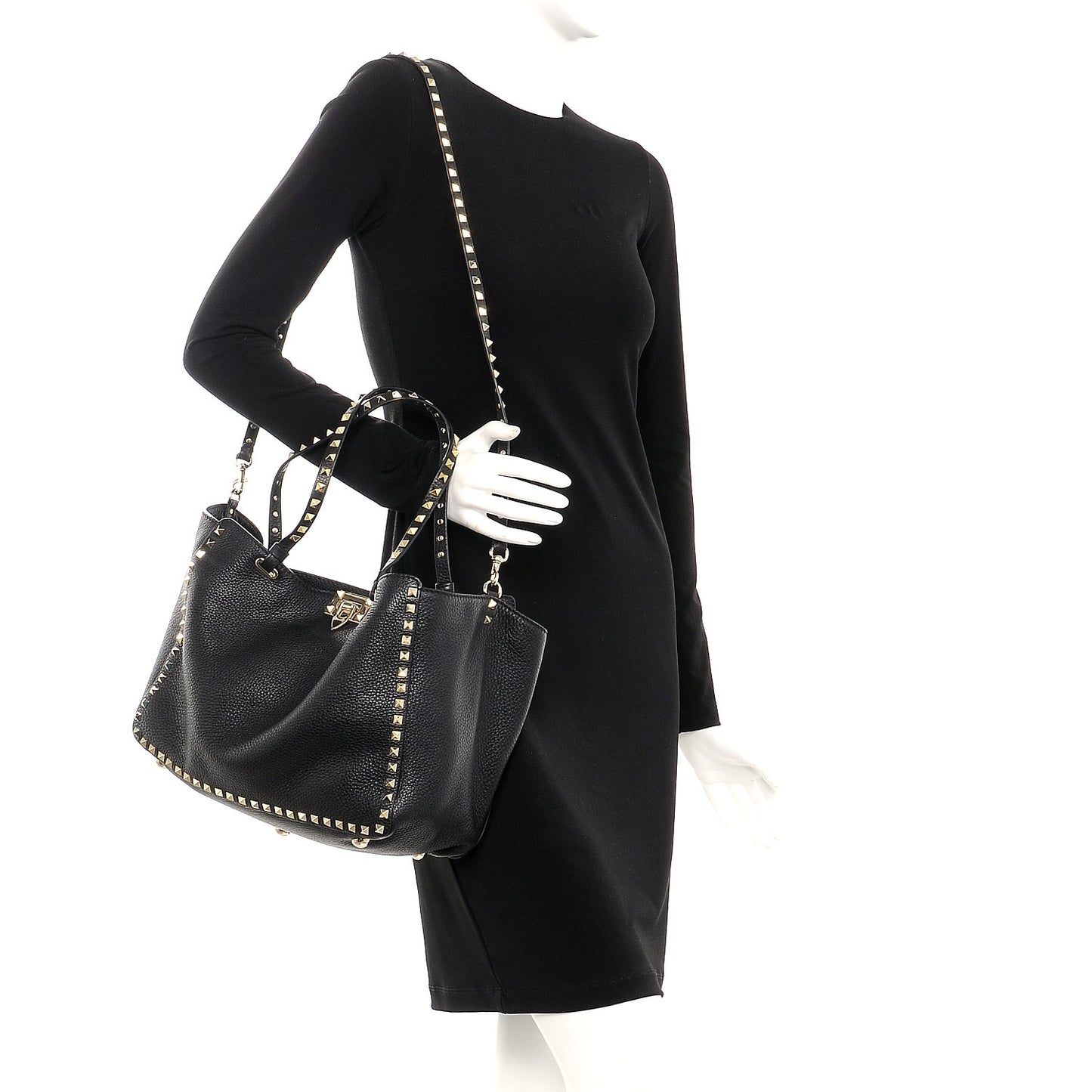 Pebbled Calfskin Medium Rockstud Tote Black