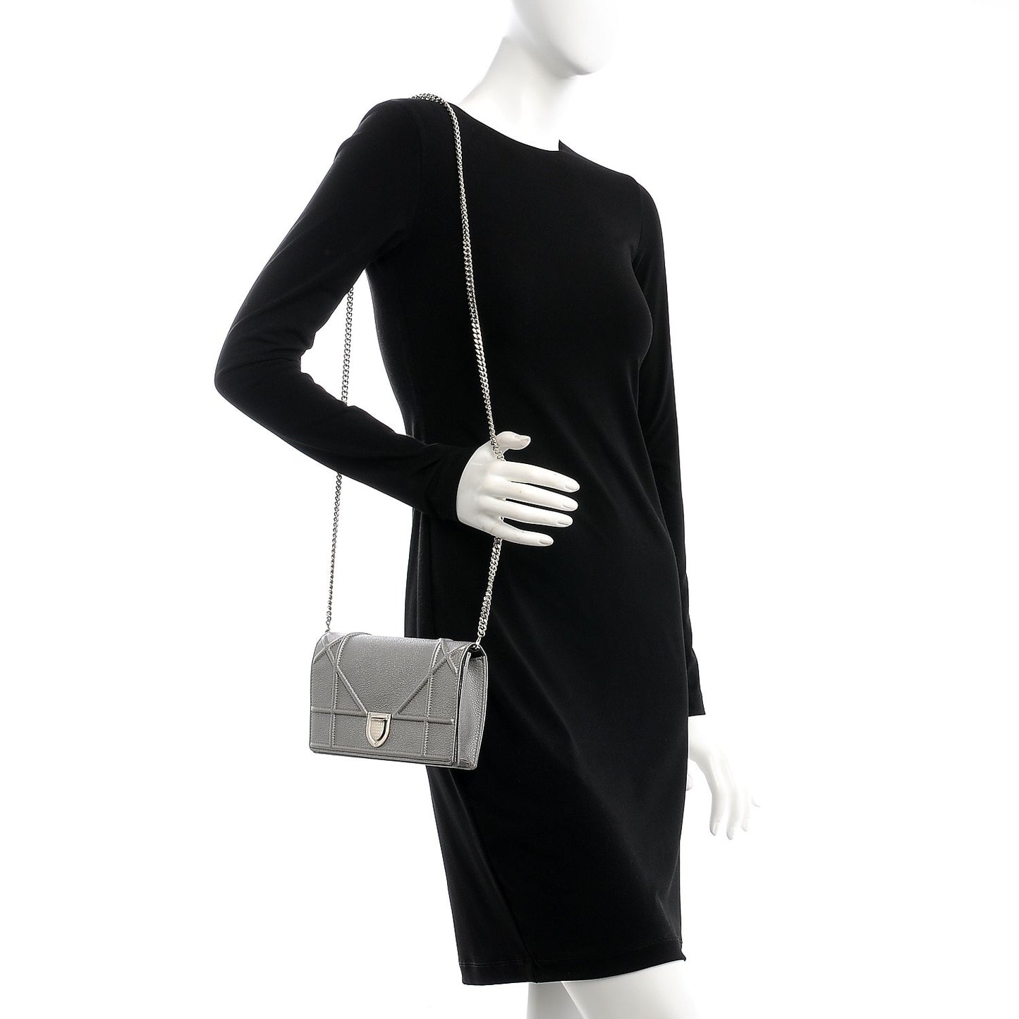Metallic Grained Calfskin Diorama Wallet on Chain Pouch Silver