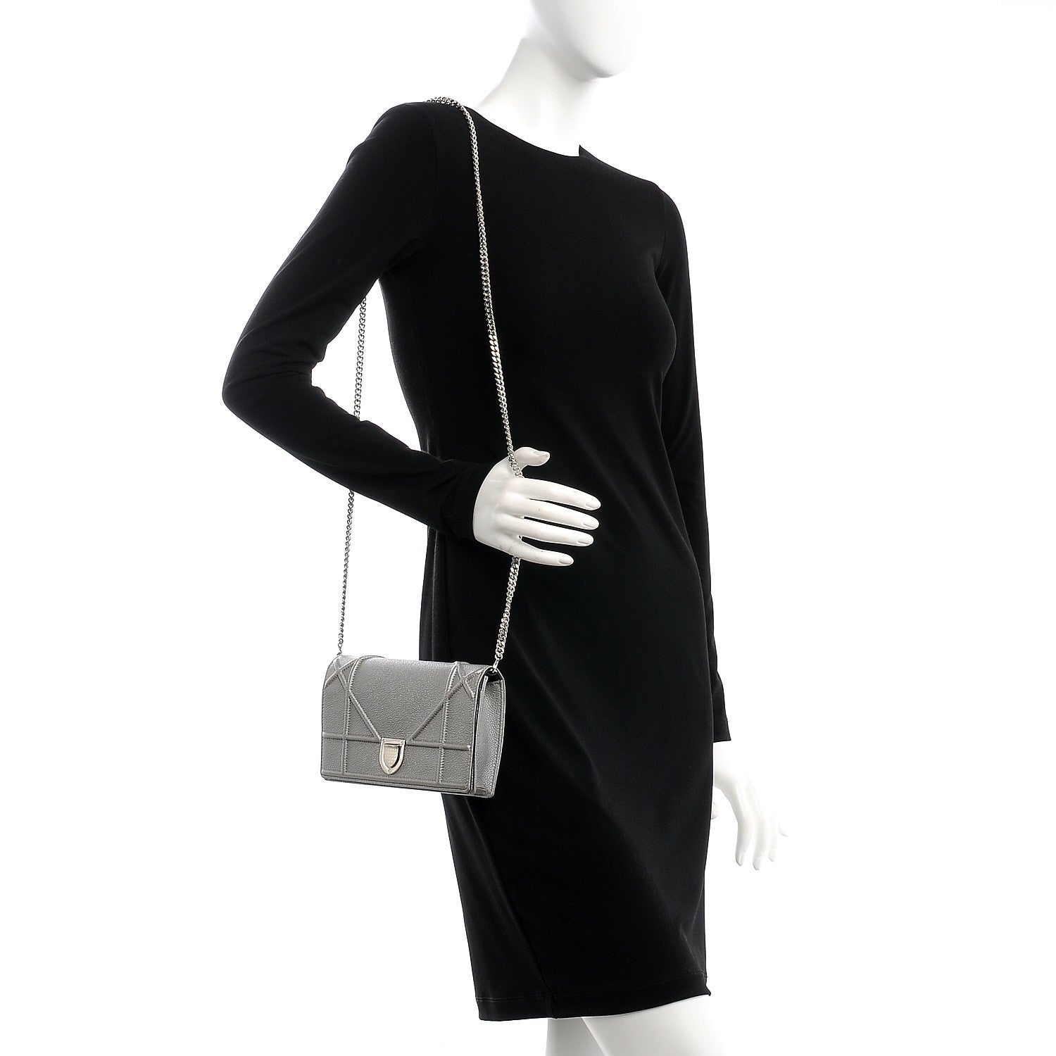 Christian Dior Metallic Grained Calfskin Diorama Wallet on Chain Pouch Silver 2 of 8