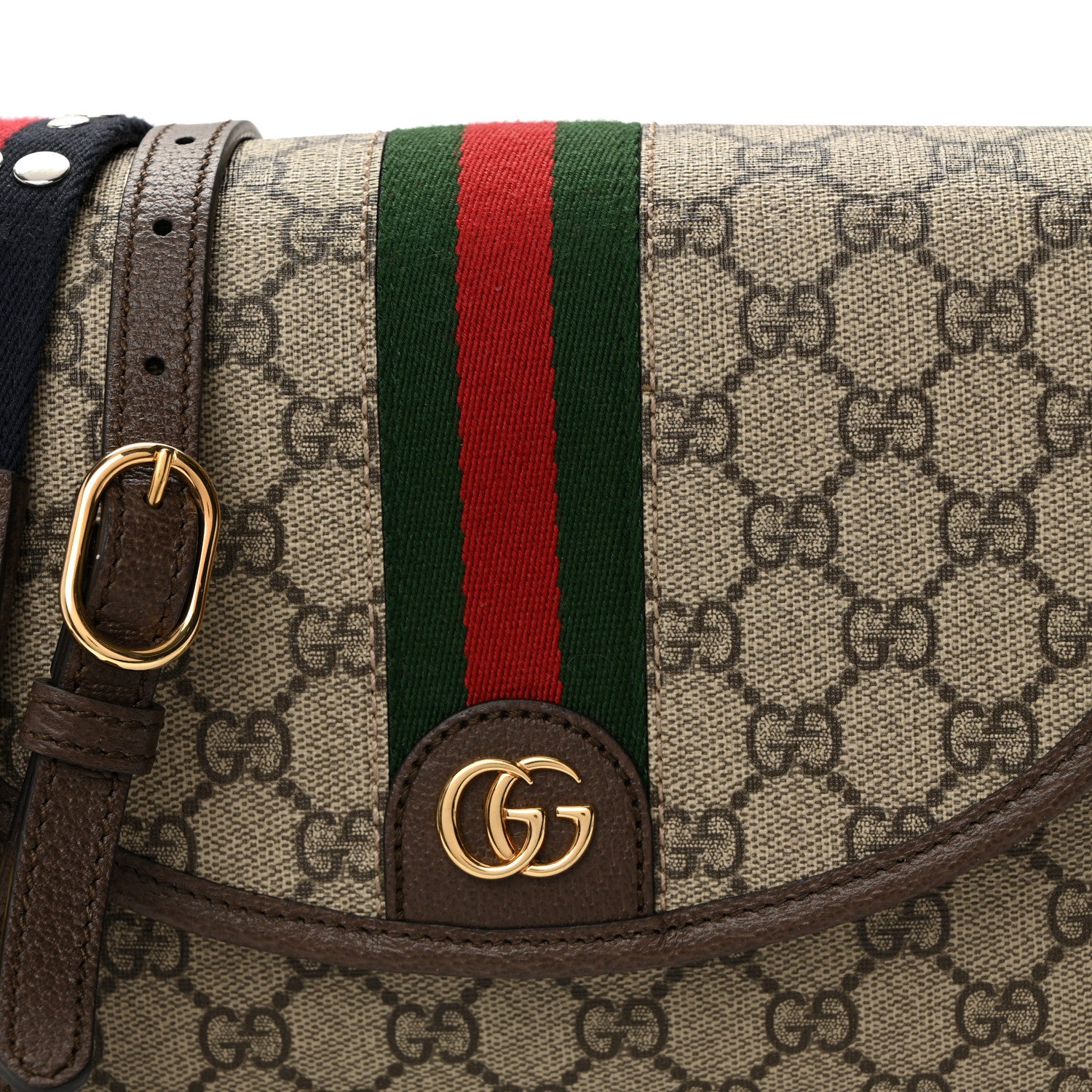 Gucci GG Supreme Monogram Textured Dollar Calfskin Web Studded Mini Ophidia Flap Shoulder Bag Beige Ebony New Acero 8 of 10