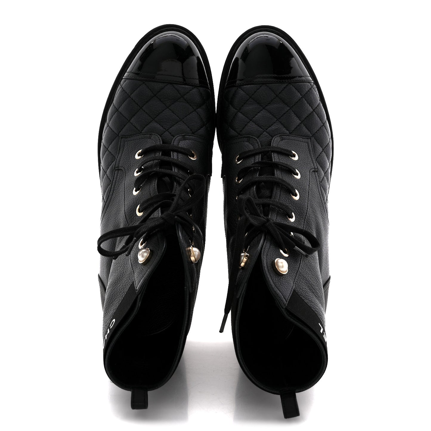 Pearly Calfskin Patent Calfskin Lace Up Combat Boots 40 Black