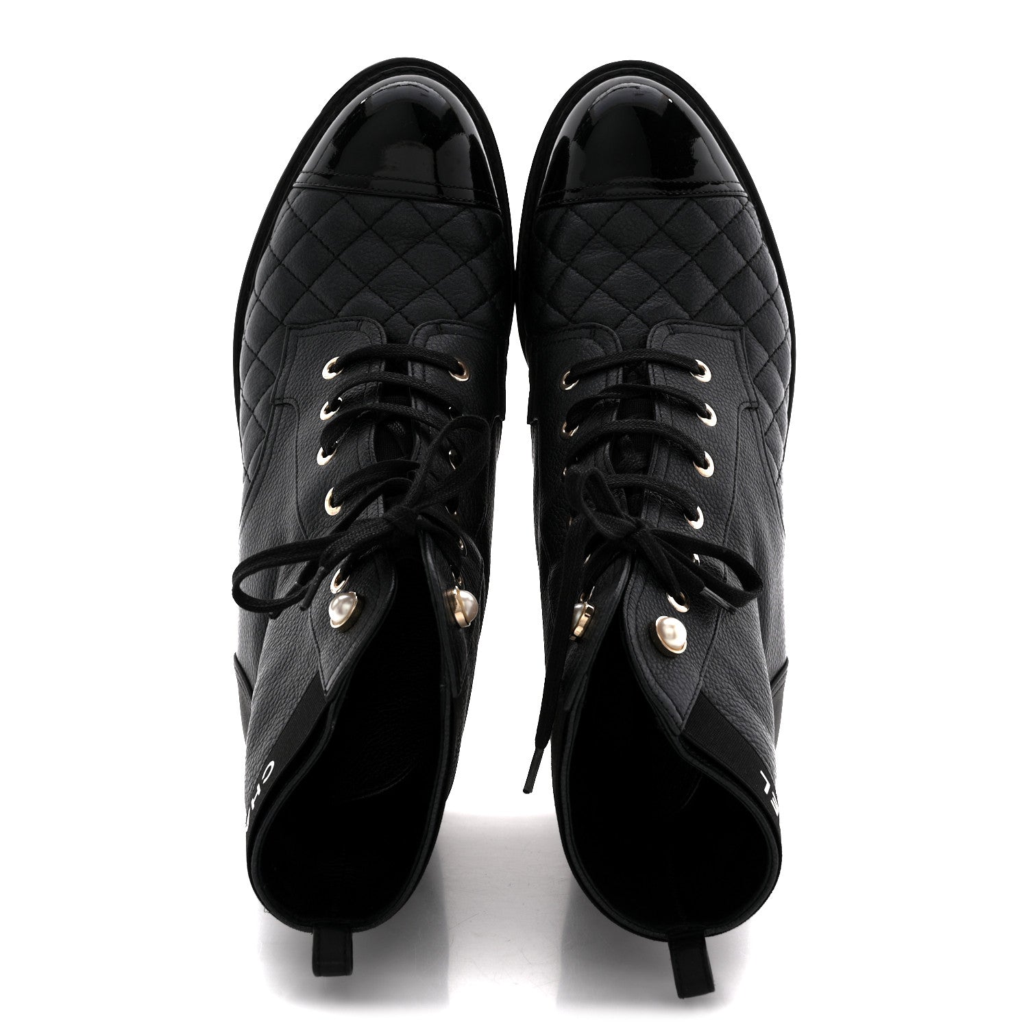 Chanel Pearly Calfskin Patent Calfskin Lace Up Combat Boots 40 Black 2 of 11
