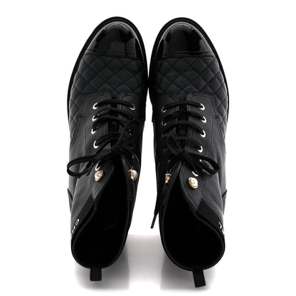 Chanel Pearly Calfskin Patent Calfskin Lace Up Combat Boots 40 Black 2 of 11