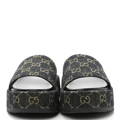 Gucci Jacquard Black Denim GG Monogram Angelina Platform 55mm Slide Sandals 38.5 Black Ivory 2 of 9
