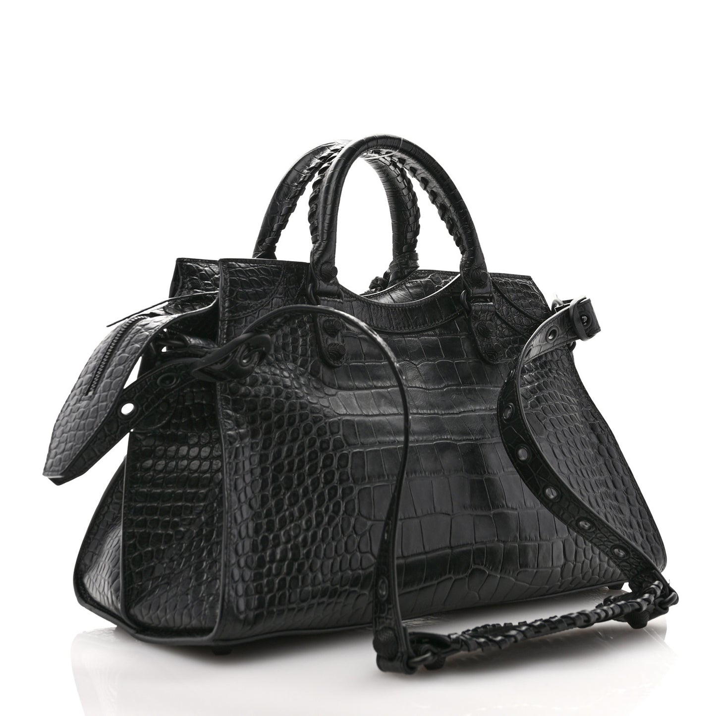 Semi Shiny Calfskin Crocodile Embossed Neo Cagole Black Hardware City Handbag Black