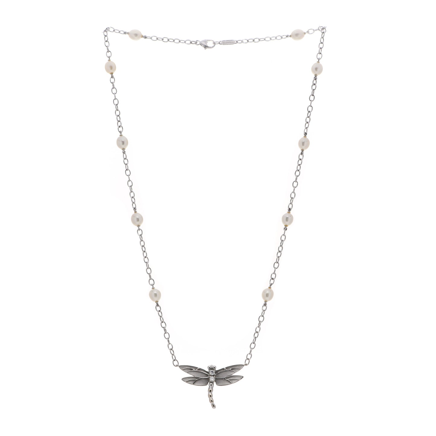 18K White Gold Diamond Pearl Dragonfly Station Necklace