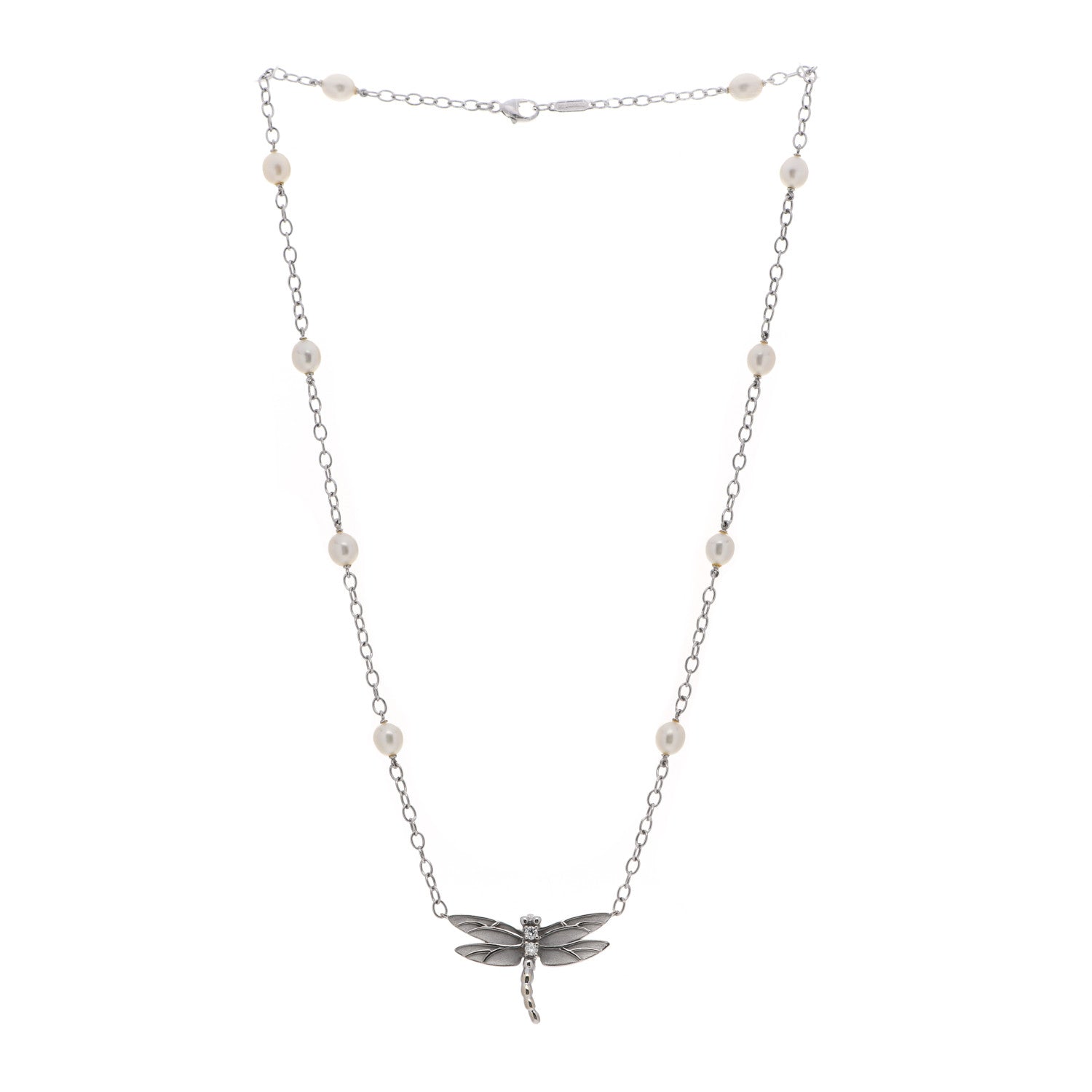 Tiffany 18K White Gold Diamond Pearl Dragonfly Station Necklace 3 of 6
