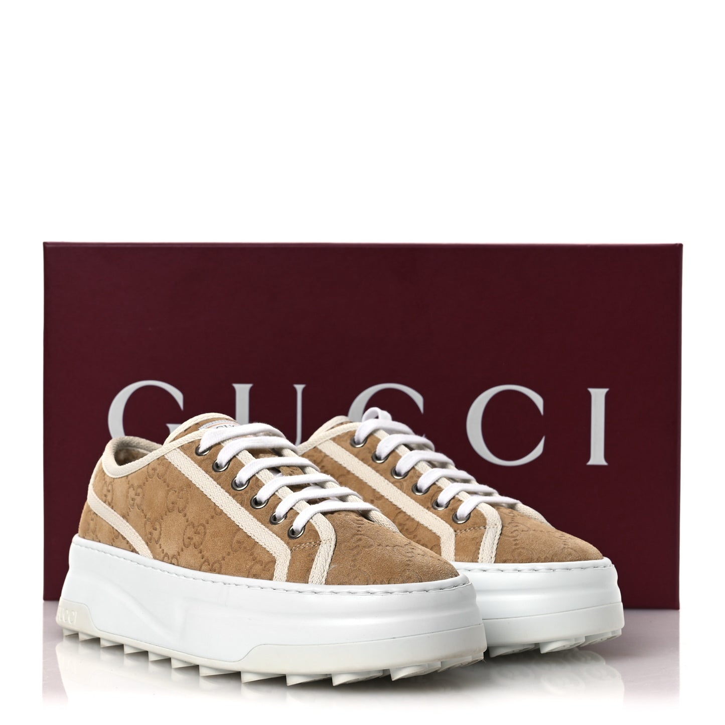 Suede Shearling Web GG Monogram Embossed Womens 1977 Tennis High Top Sneakers 36 Butterscotch Mystic White