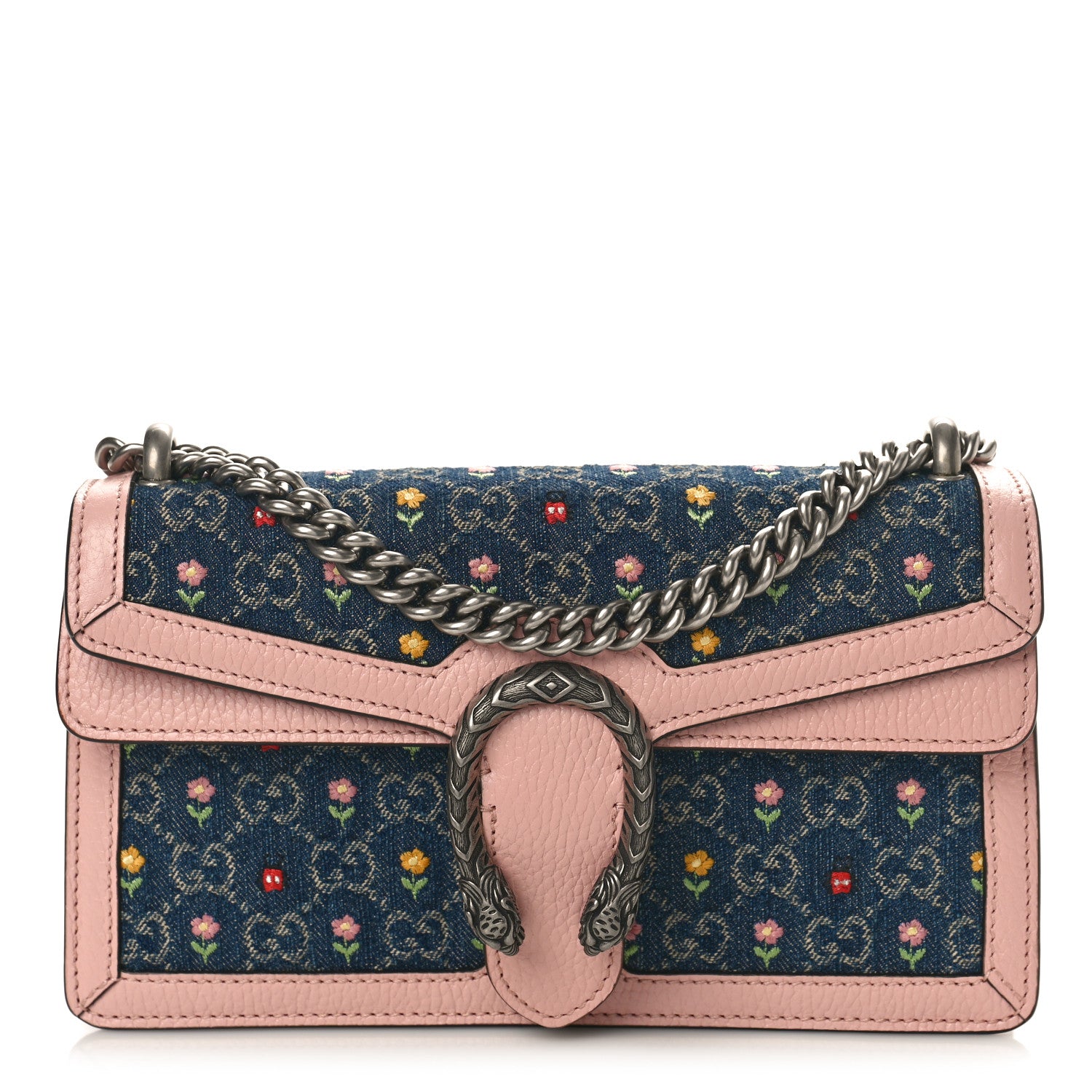 Gucci New Denim Dollar Calfskin Floral GG Monogram Small Dionysus Shoulder Bag Blue Tea Multicolor Powder Pink 1 of 9