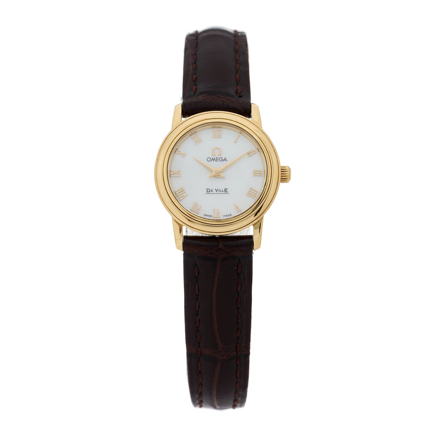 Omega 18K Yellow Gold Alligator Mother of Pearl 22mm De Ville Prestige Quartz Watch 4693.71.02 1 of 4