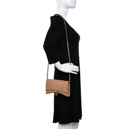 Balenciaga Shiny Calfskin Crocodile Embossed Hourglass Chain Bag Nude Beige 2 of 10