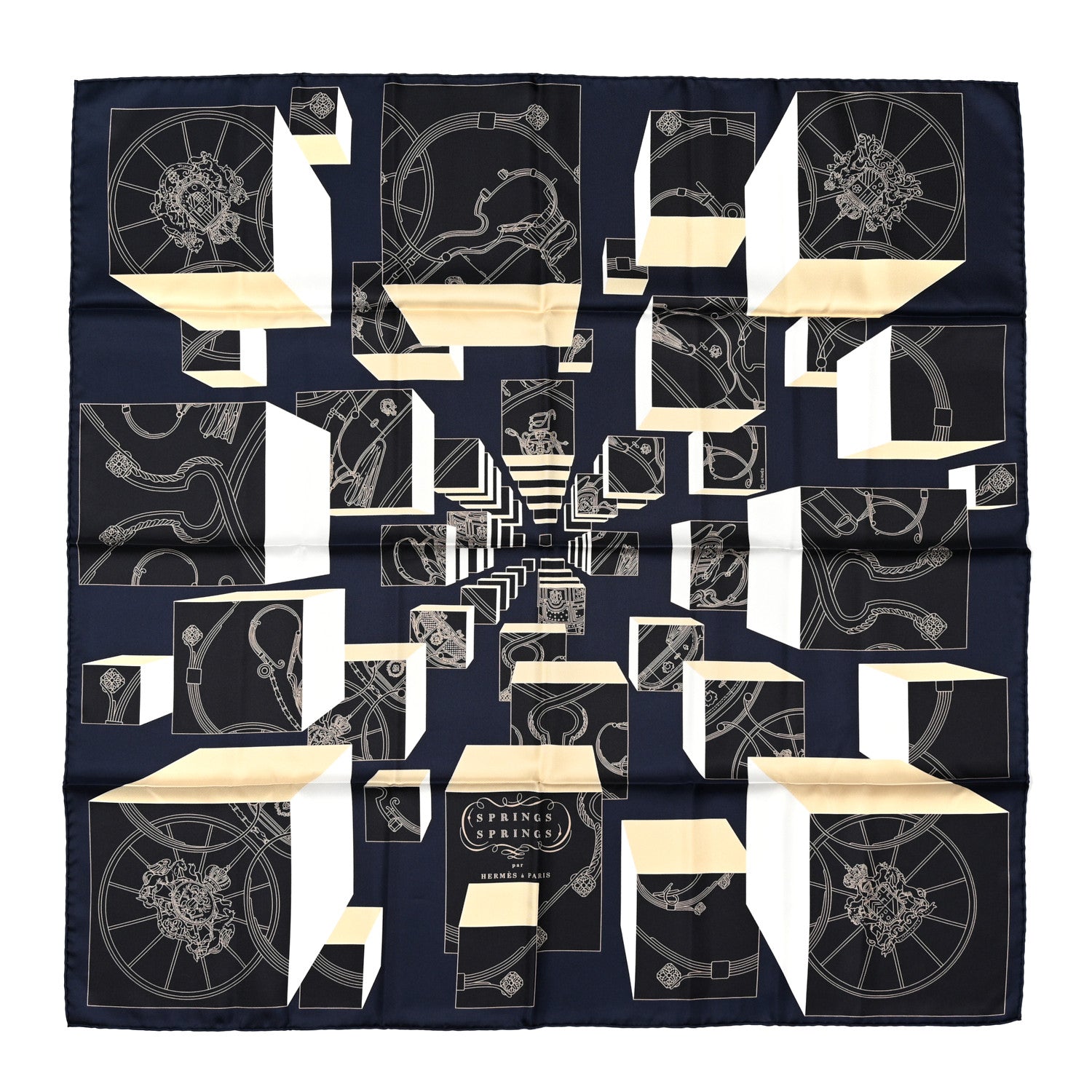 Hermes Silk Springs Springs Scarf 90 Bleu Black Beige White 1 of 4