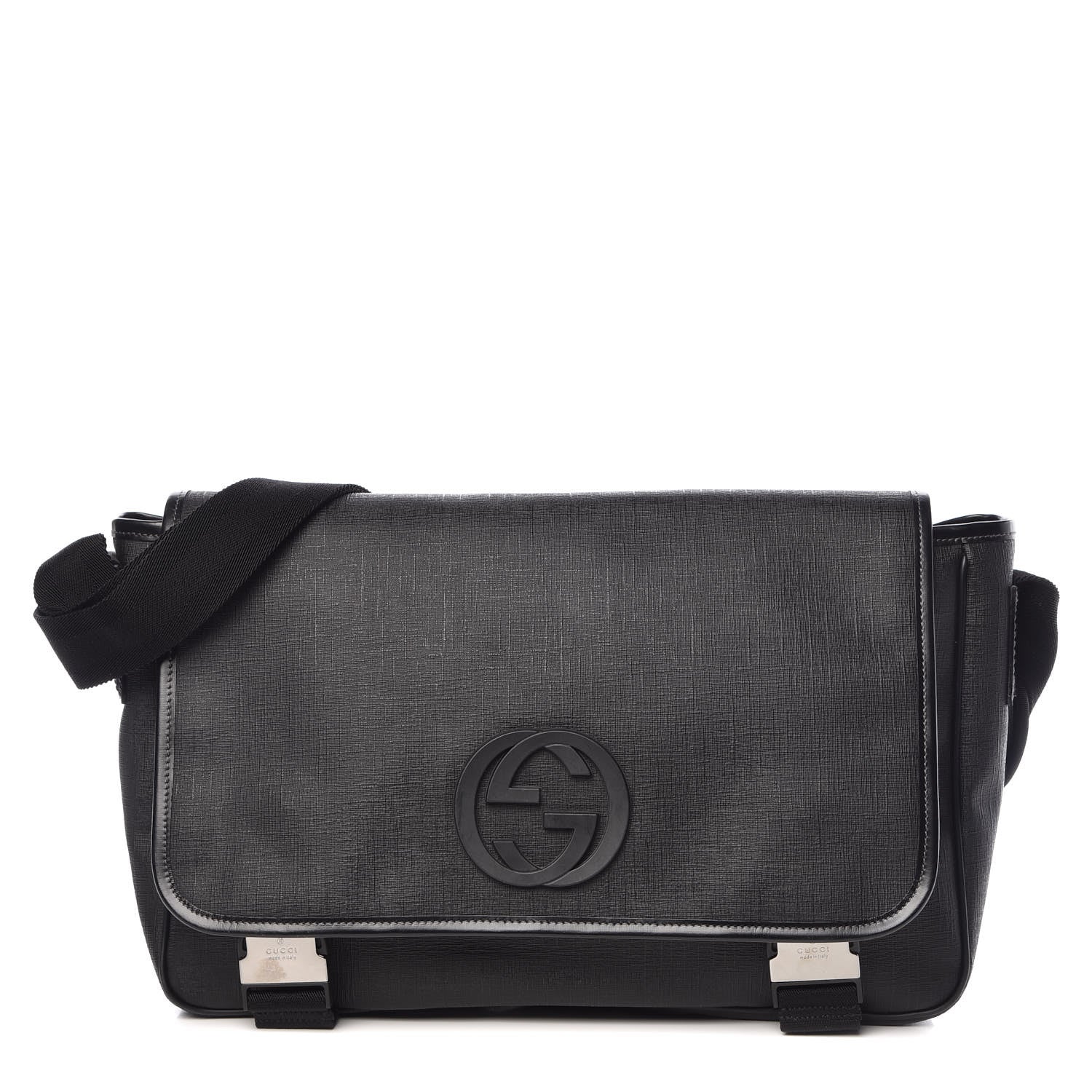 Gucci Coated Canvas Interlocking G Double Buckle Flap Messenger Bag Black 1 of 10