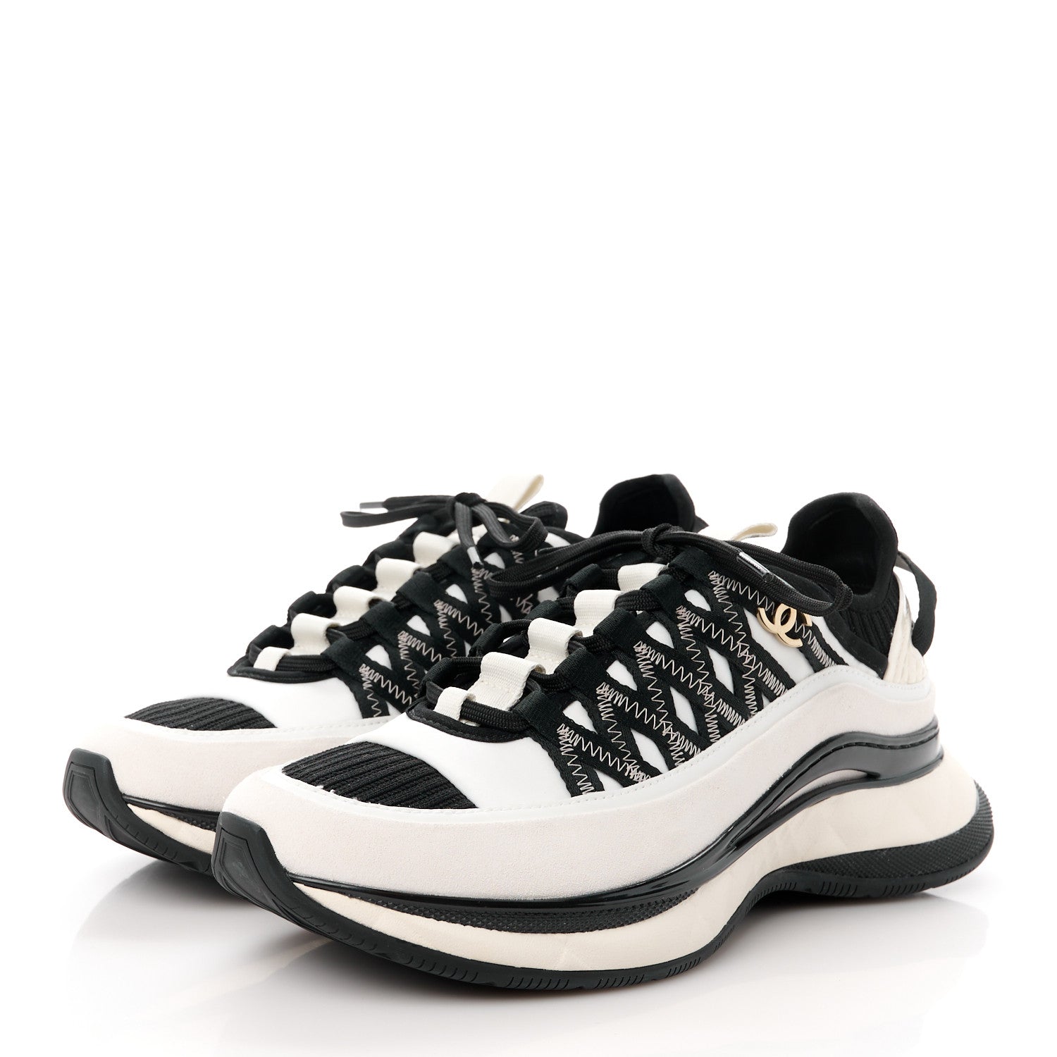Chanel Fabric Suede Calfskin Sneakers 37 White Black 3 of 9
