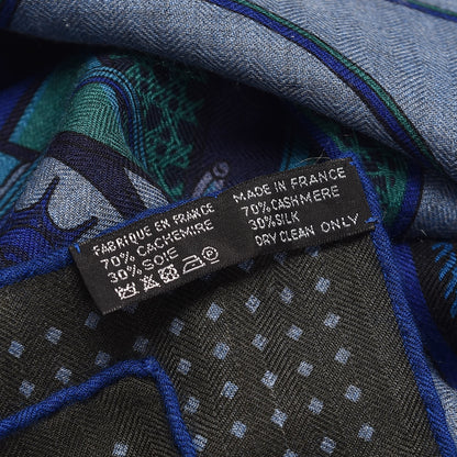 Hermes Cashmere Silk Les Voitures A Transformation Shawl 140 Bleu De Chine Kaki Marine 4 of 4