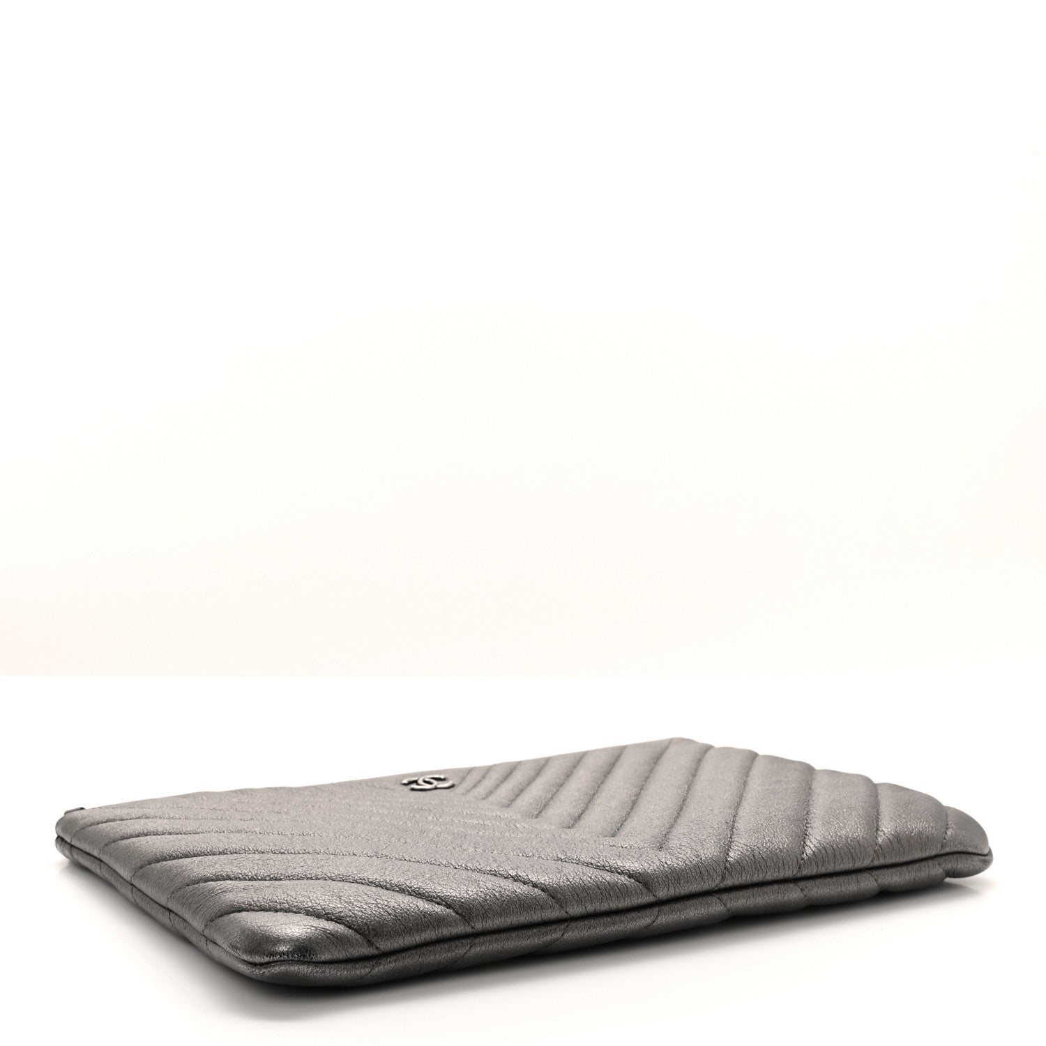 Chanel Sheepskin Chevron Quilted Medium Cosmetic Case Dark Silver 4 of 8