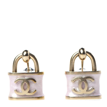 Chanel Resin Glitter Padlock CC Drop Earrings Pink Gold 1 of 4