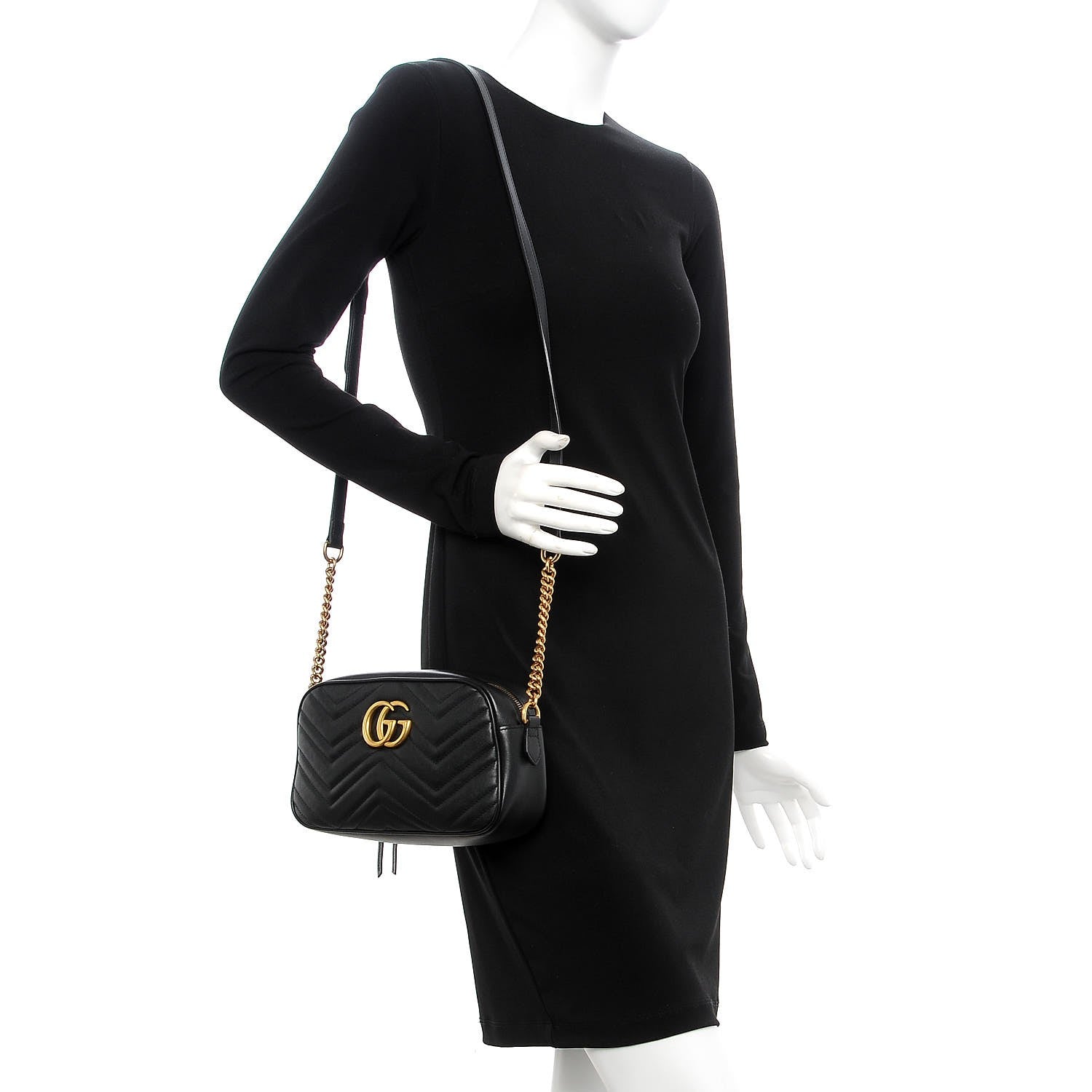 Gucci Calfskin Matelasse Small GG Marmont Chain Shoulder Bag Black 2 of 7