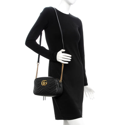 Gucci Calfskin Matelasse Small GG Marmont Chain Shoulder Bag Black 2 of 7
