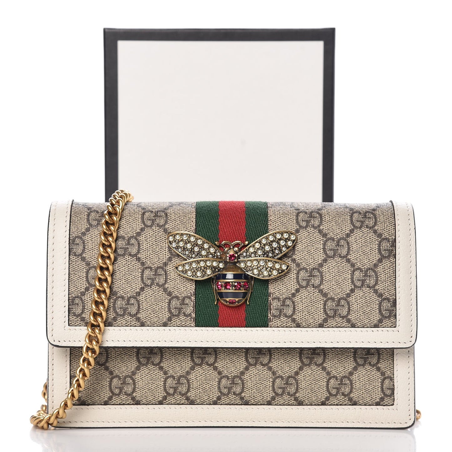 GG Supreme Monogram Web Queen Margaret Chain Wallet White