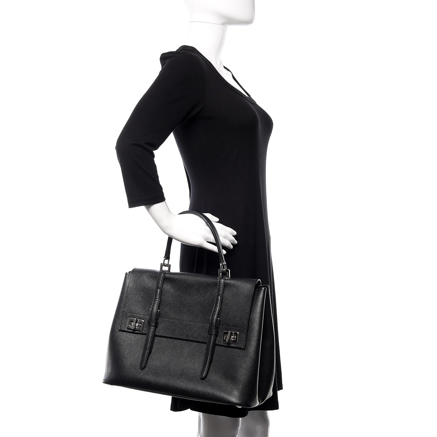 Prada Saffiano Cuir Convertible Top Handle Tote Black 2 of 9