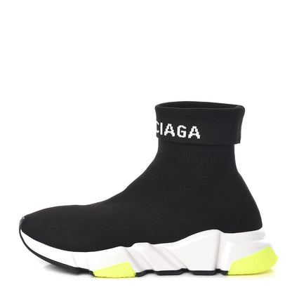 Balenciaga Neoprene Knit Womens Speed Cuffed Sneakers 39 Black White Yellow Fluo 1 of 9