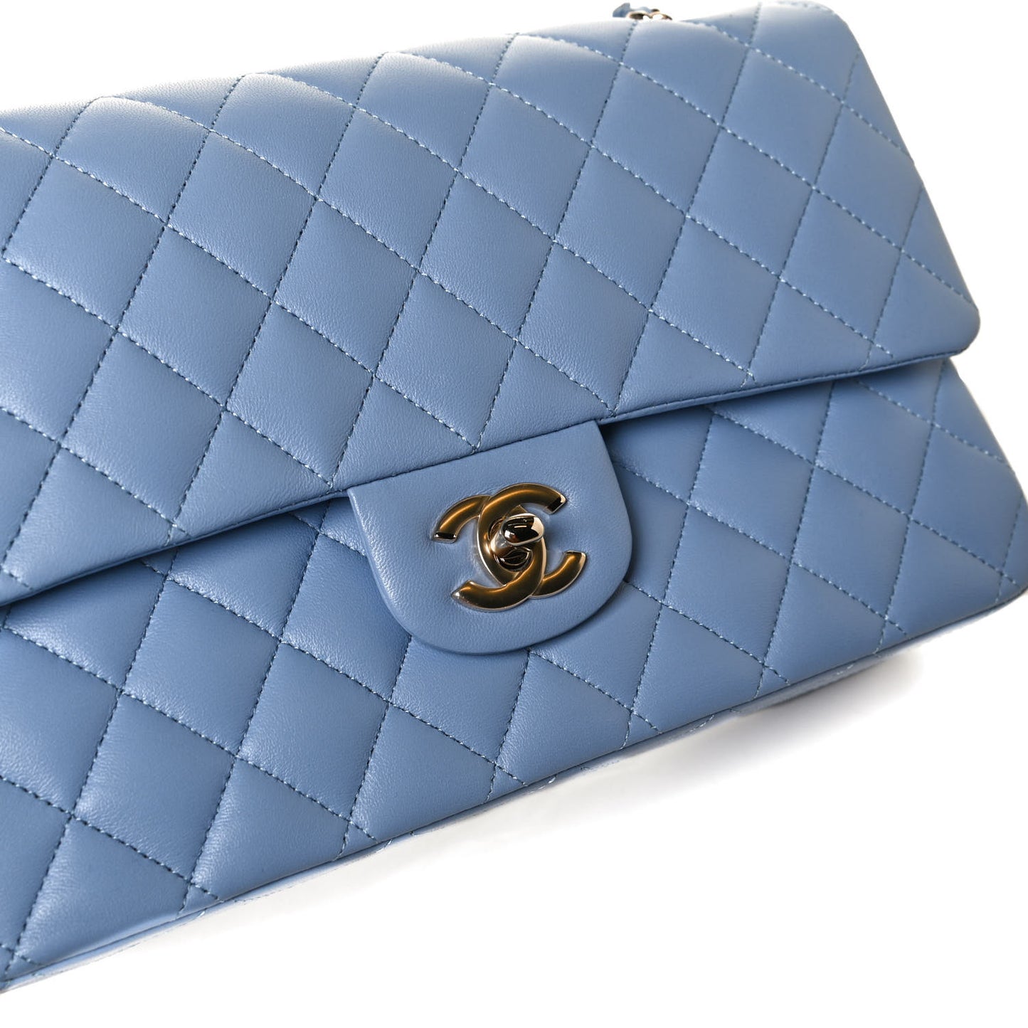 Lambskin Quilted Medium Double Flap Light Blue