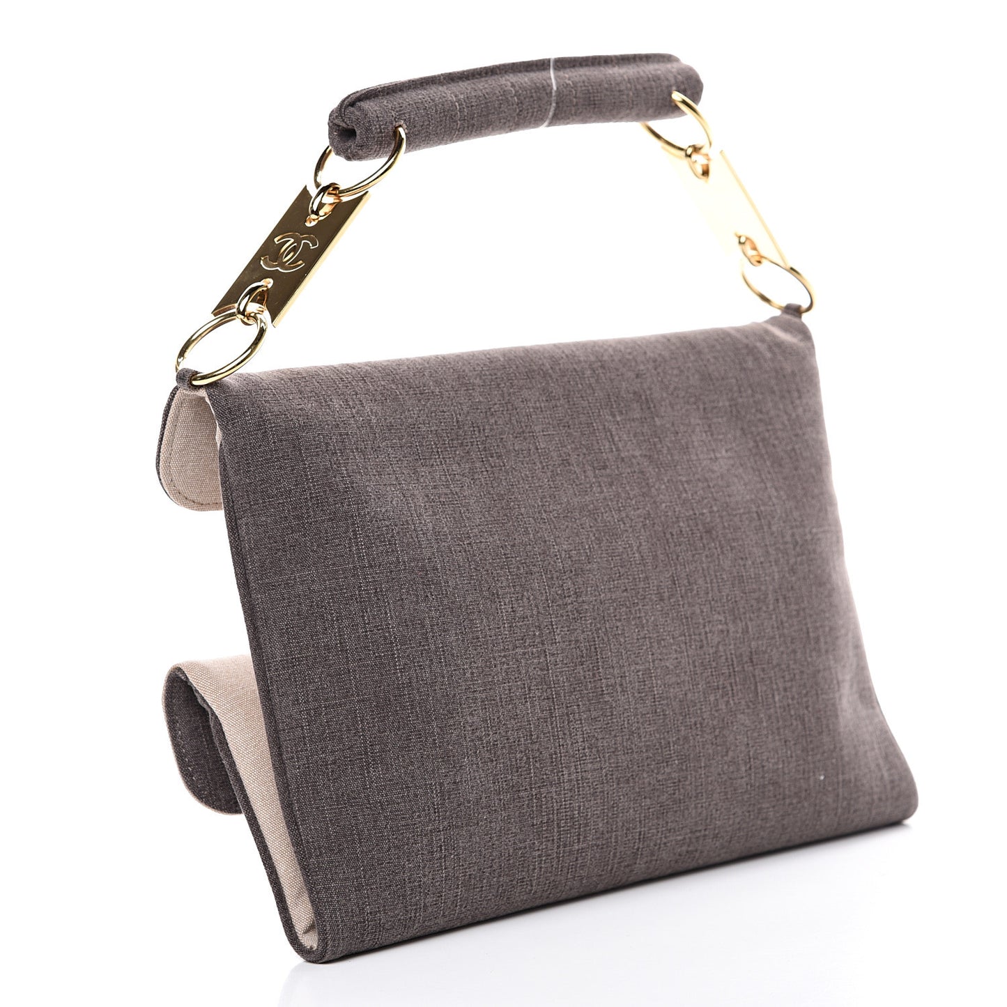 Canvas Chocolate Bar Mademoiselle Double Flap Clutch Beige Brown
