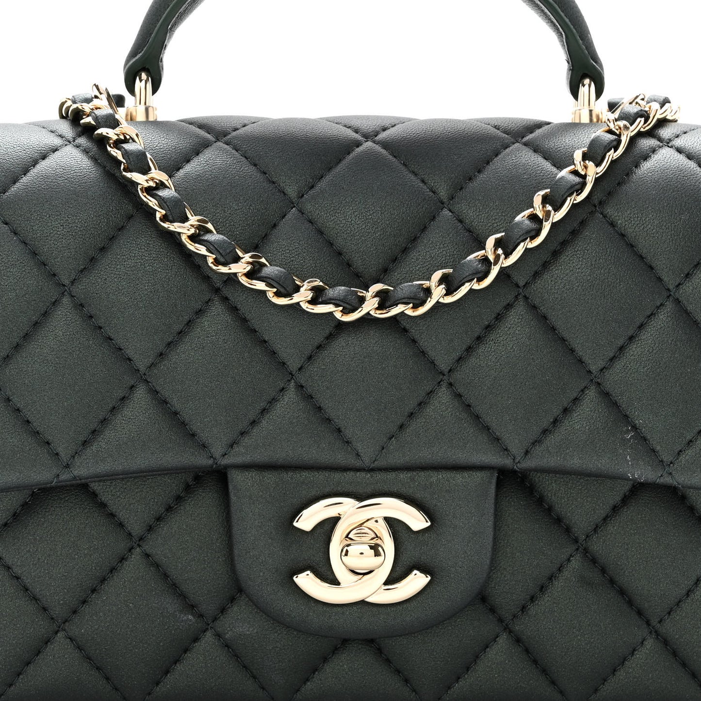 Iridescent Lambskin Quilted Mini Top Handle Rectangular Flap Dark Green